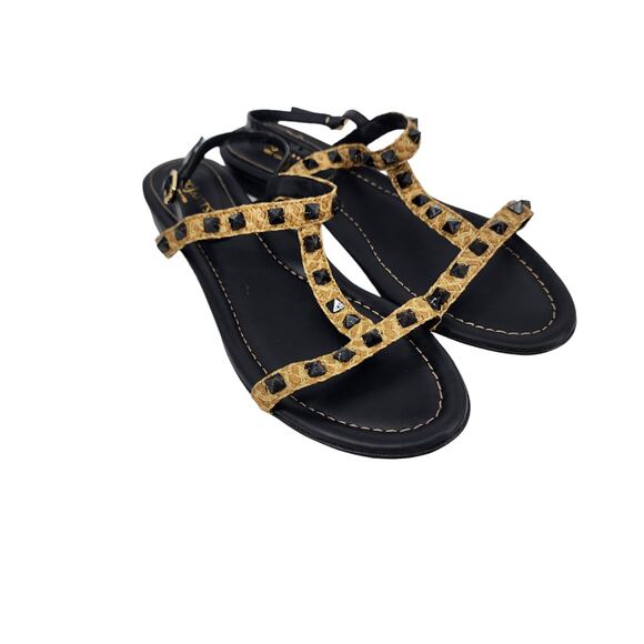 Eric Javits Women's Bien Woven T-Strap Black Rock Studded Sandals Size 9 - Picture 1 of 5